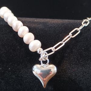 .925 silver Freshwater pearl and Paper Clip Bracelet with Chunky Heart Charm